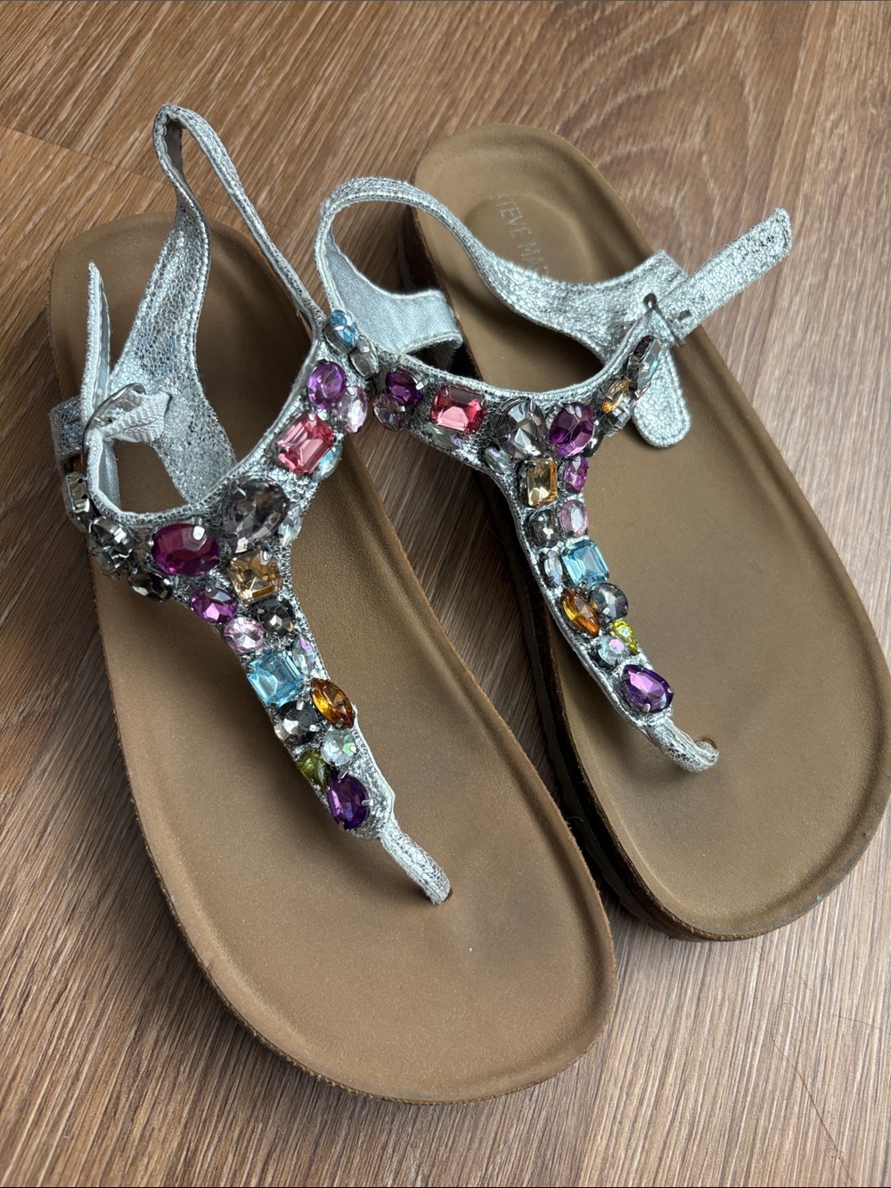 Steve Madden Girls' Jeweled Silver T-Strap Sandals